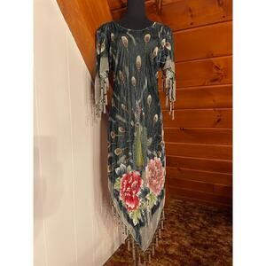 Vintage Y2K Hzzh Silk Blend Burnout Velvet Beaded & Sequin Peacock Fringe Dress